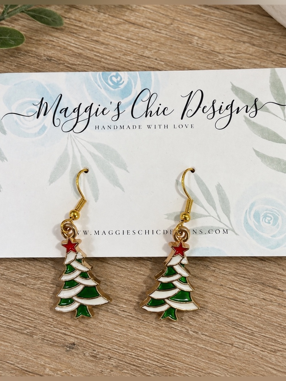 Christmas Tree Dangle Earrings Green White Red Gold Tone Holiday Jewelry